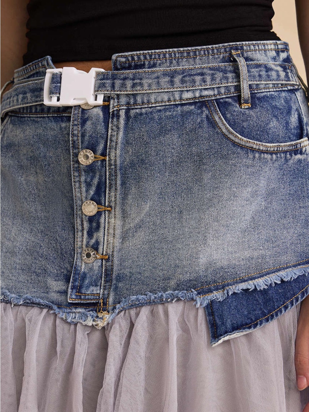 Micas Denim and Tulle Mixed Media Midi Skirt – Contrast Patchwork Design M - Picture 5 of 7
